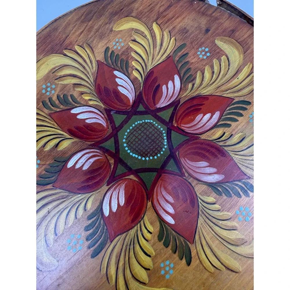 VTG Firkin Hand Painted Wooden Sewing Basket Floral Folk Art Lined Bucket Handle
